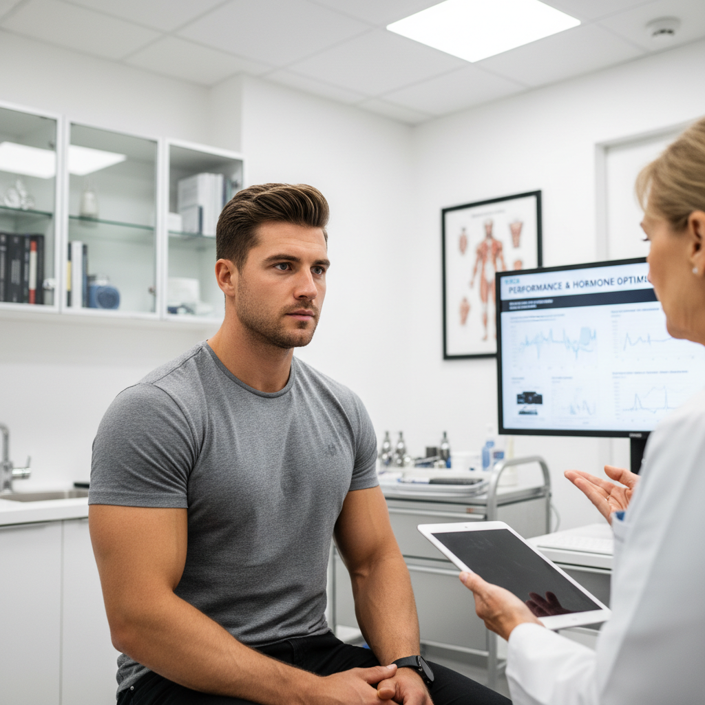Athletic man in clinical consultation discussing performance optimisation and hormone protocol