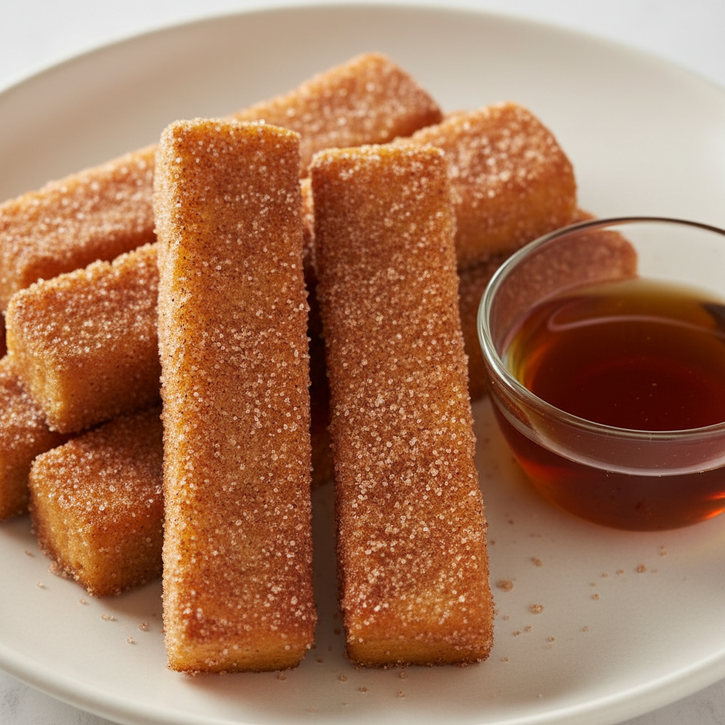 Cinnamon sugar French toast sticks with maple syrup for dipping