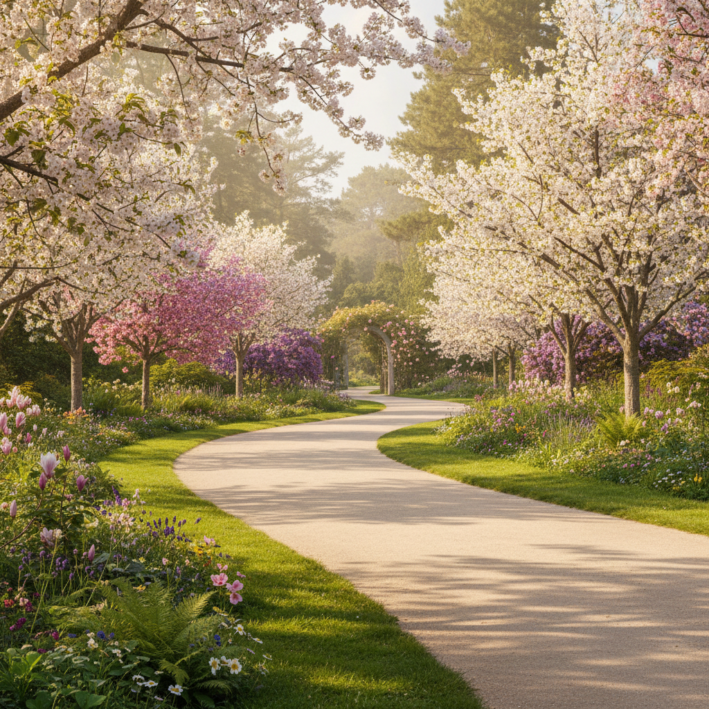 Sunlit garden path with flowering trees and smooth pavement ideal for wheelchair access