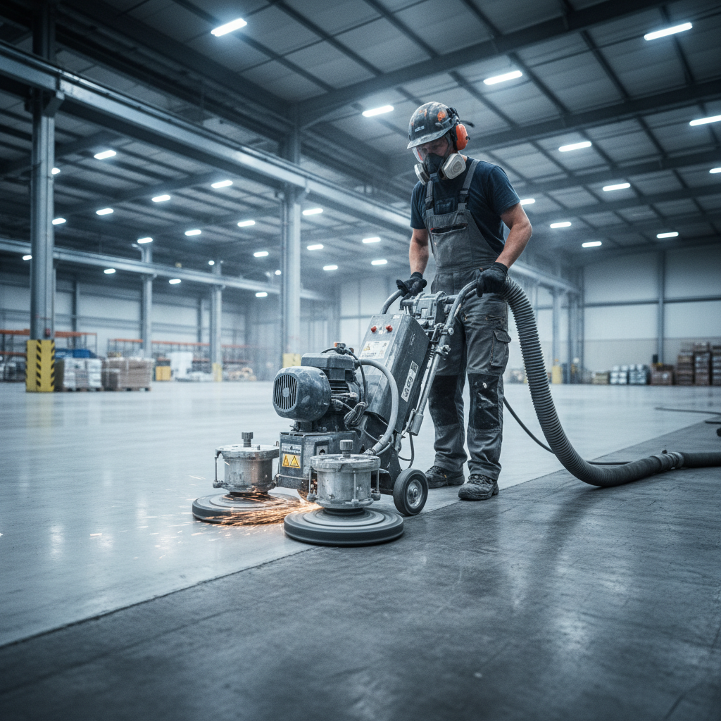 Planetary concrete grinder with diamond tooling in operation on warehouse floor, dust extraction hose visible, operator in protective gear