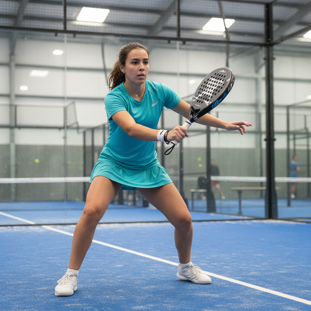 Priya Nair, junior academy padel coach, mid-volley demonstration on indoor court, athletic stance with focused expression