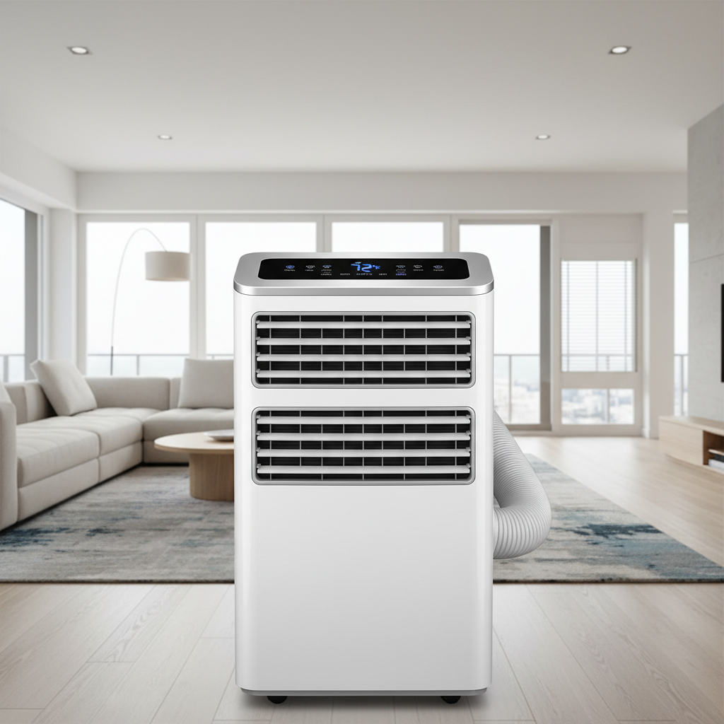 Large powerful portable air conditioner unit in a spacious open-plan living room