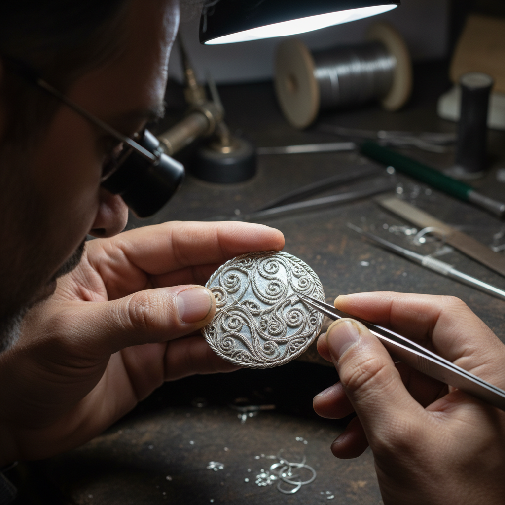 Jeweler using precision tools to create delicate silver filigree patterns for traditional Persian jewelry