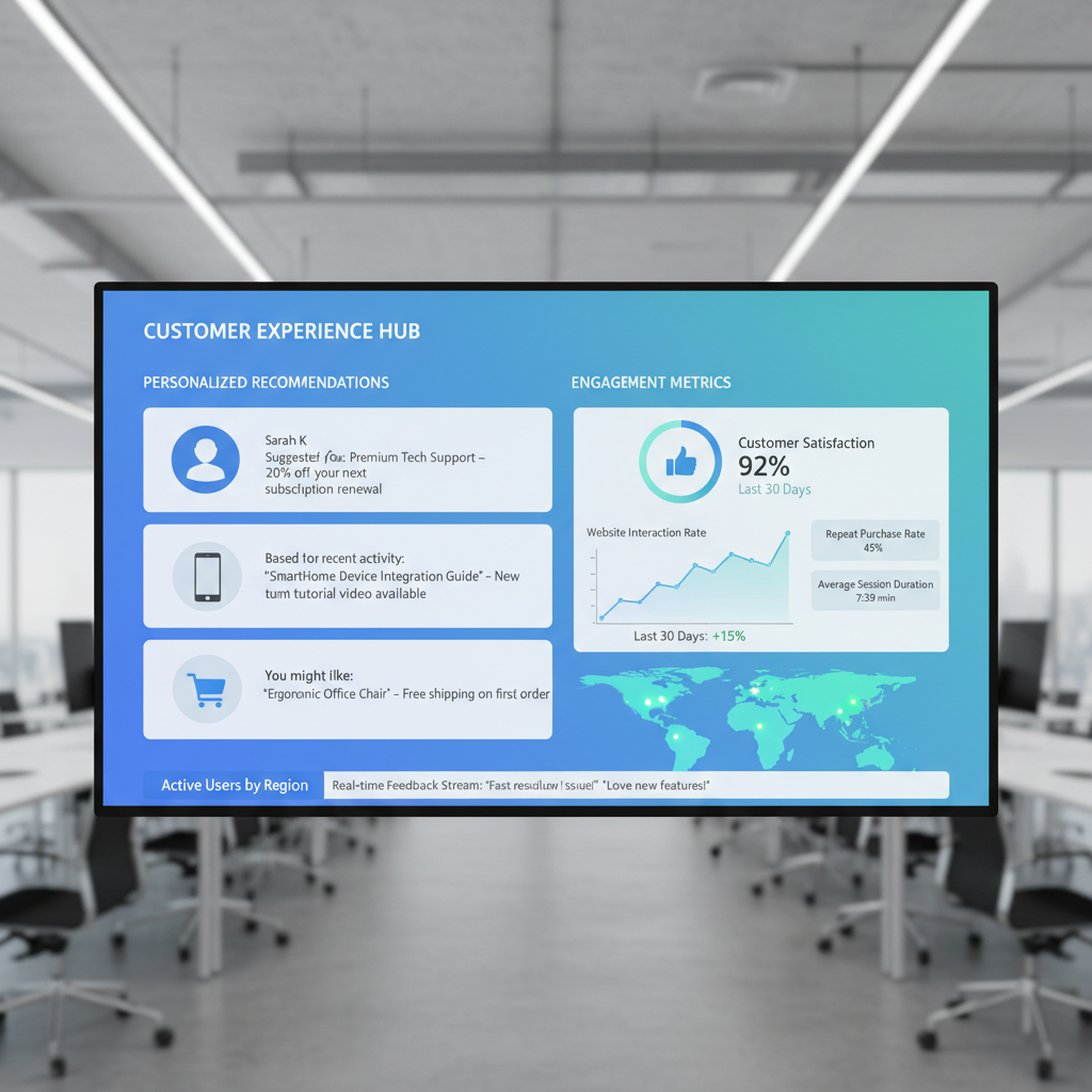 Customer experience dashboard showing personalized recommendations and engagement metrics
