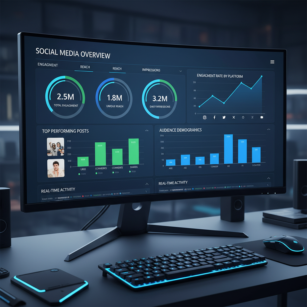 Social media analytics dashboard showing engagement metrics and graphs
