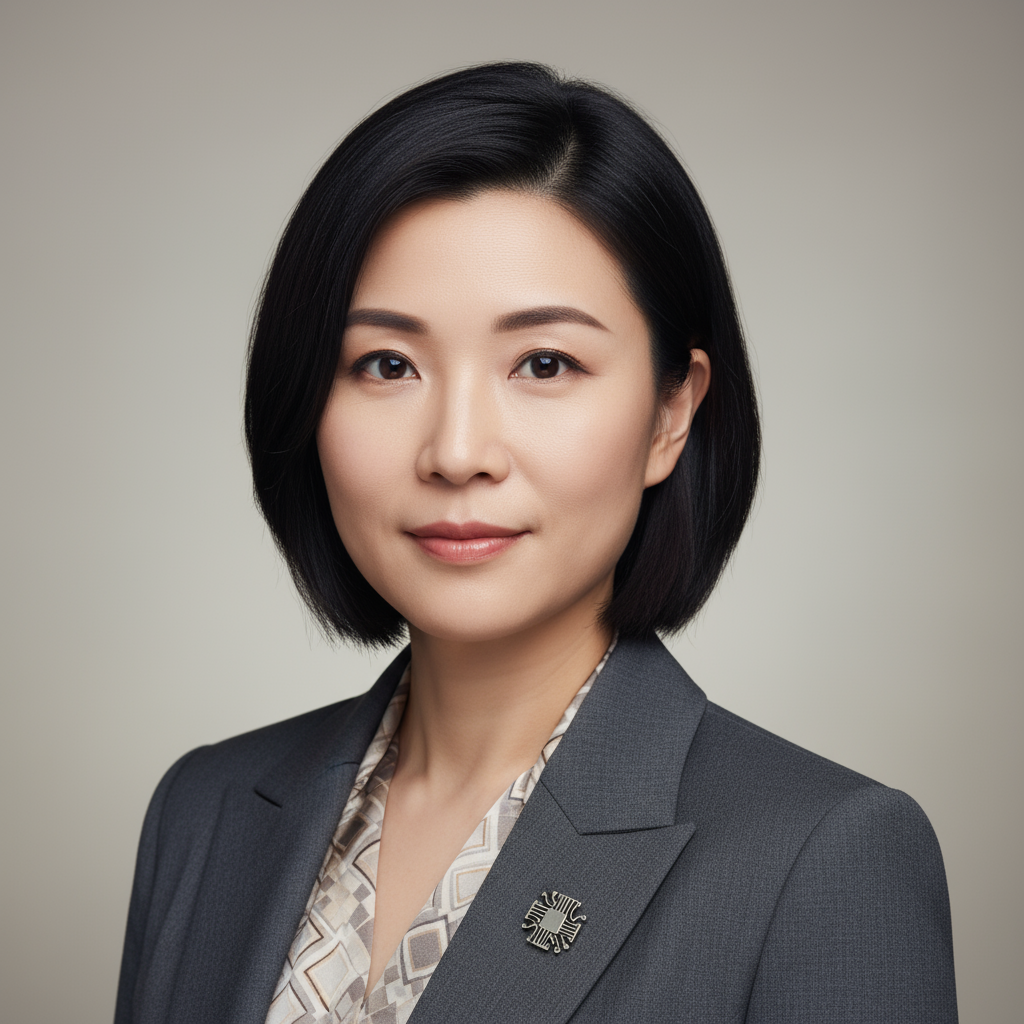 Professional headshot of female technology executive, smart attire, bright neutral background, approachable expression