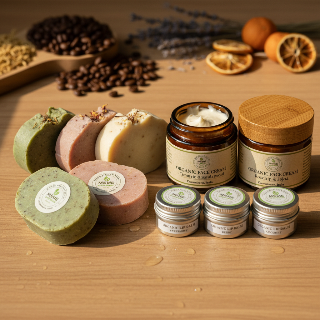 Natural organic beauty products on wooden surface, clean aesthetic, warm earthy tones