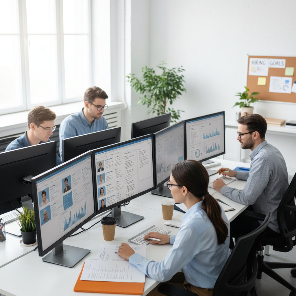 HR professionals reviewing candidate profiles on laptops in a bright modern office