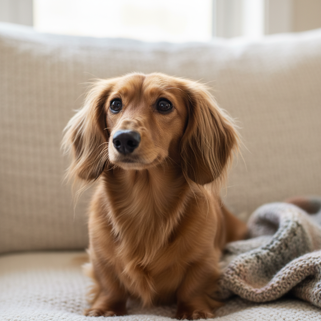 Miniature dachshund with long ears looking alert, sitting on a couch