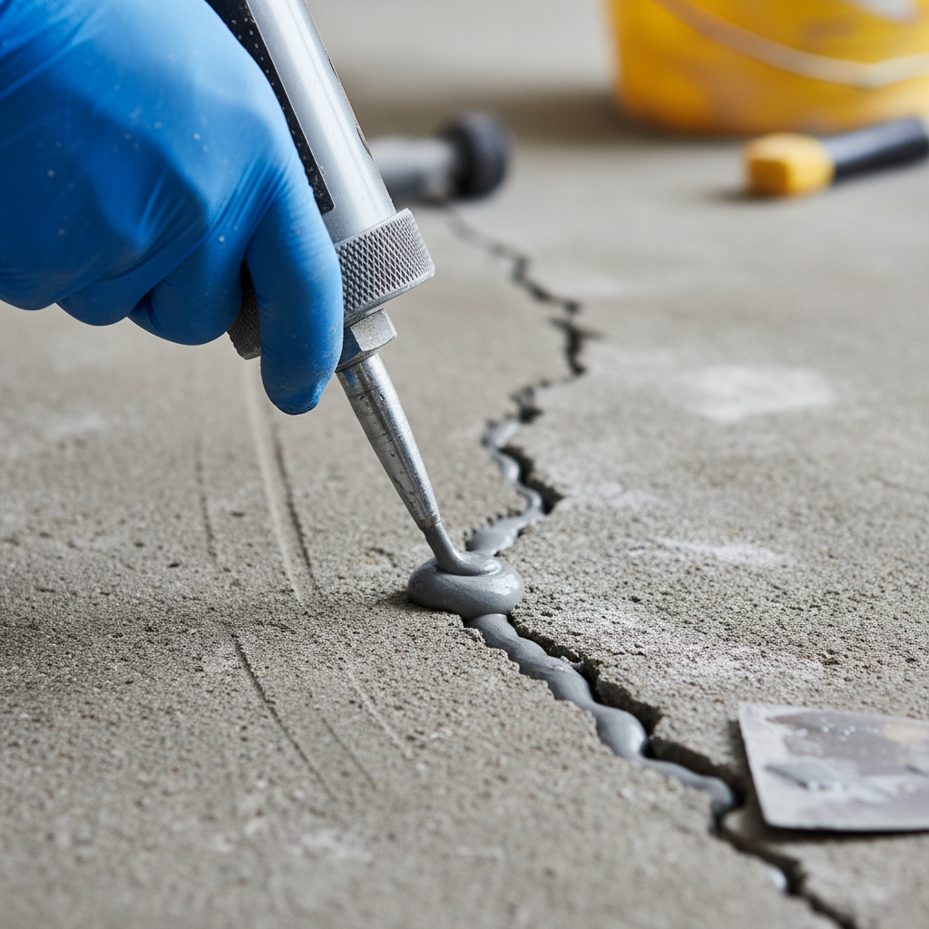 Close-up of asphalt crack being filled with hot rubberized sealant, dark pavement, repair work in progress