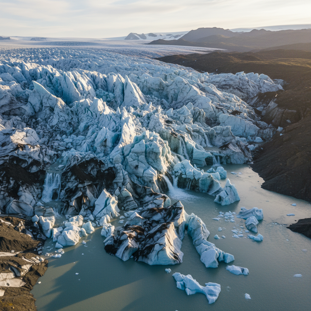 Aerial view of melting glaciers and rising sea levels illustrating the impact of climate change on the planet
