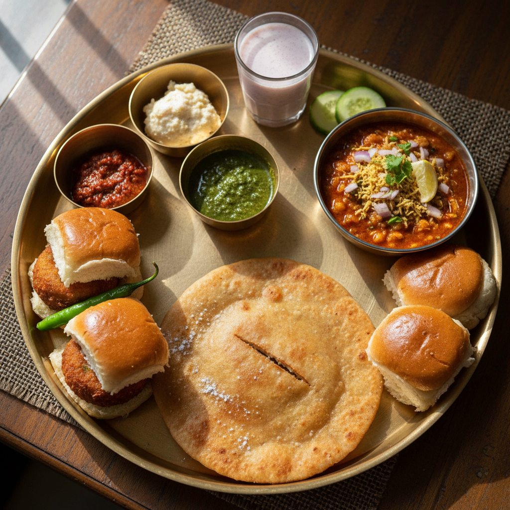 Traditional Maharashtrian thali with multiple small bowls, dark rustic background, warm amber light
