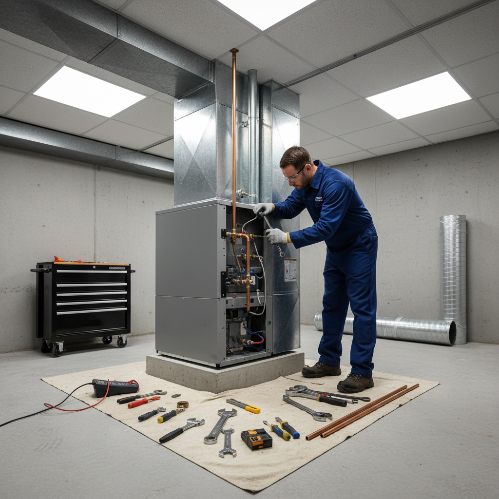 Maintenance technician working on HVAC unit, professional tools, clean industrial setting