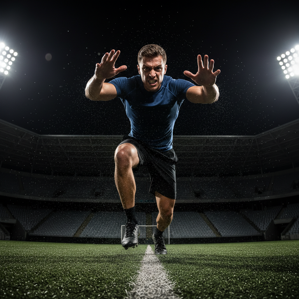 Athlete mid-exertion, shot from below against stadium lights, sweat frozen in air