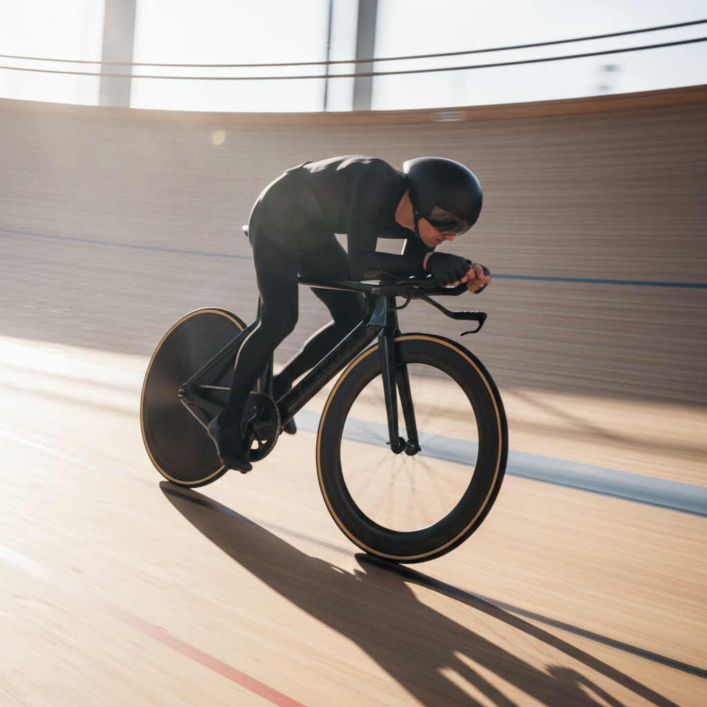 Track pursuit bicycle with carbon frame and deep section track wheels on wooden velodrome
