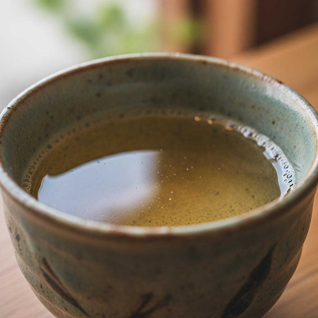 Macro photograph of sake in a wide ceramic cup, showing slight cloudiness and warm golden tone