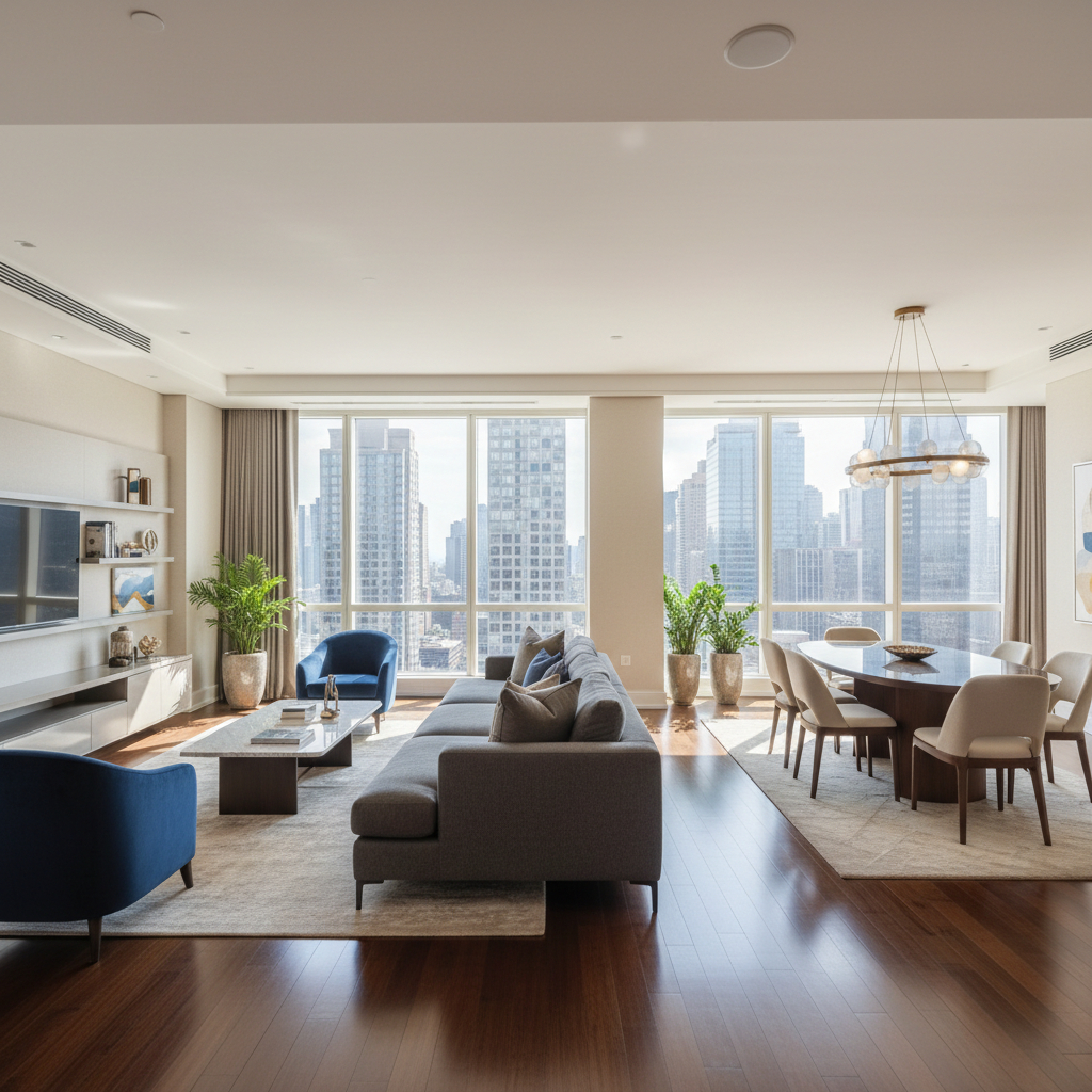 Luxury studio apartment with floor to ceiling windows, city skyline views and modern furnishings