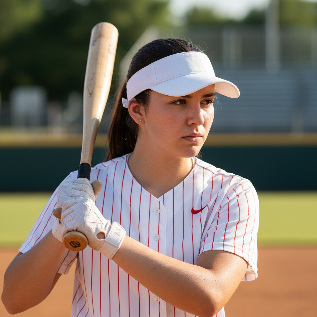 Young female softball player at bat, stadium lights, bright clear sky, dynamic action pose