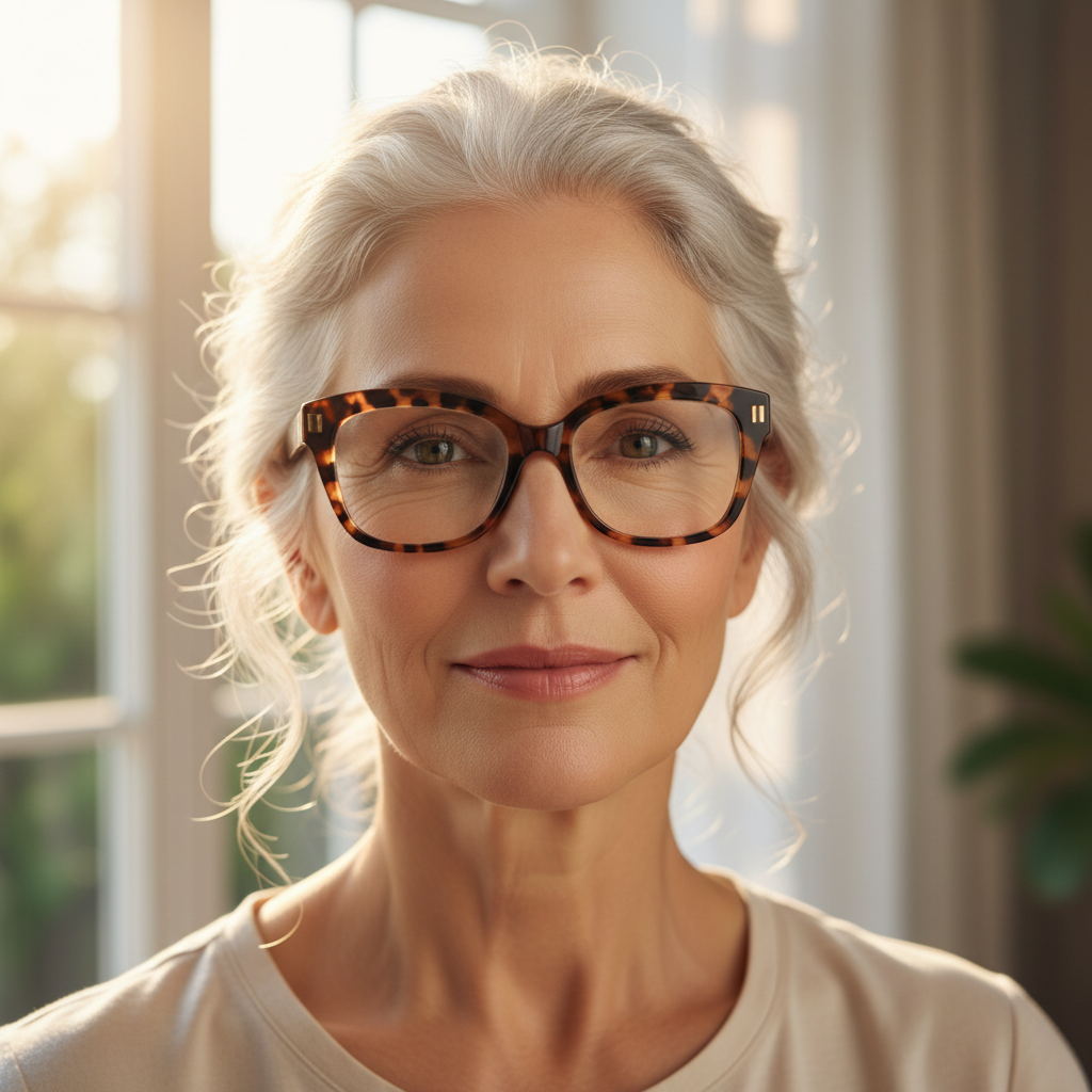 Silver-haired woman wearing Amalfi tortoiseshell frames, sunlit window behind her