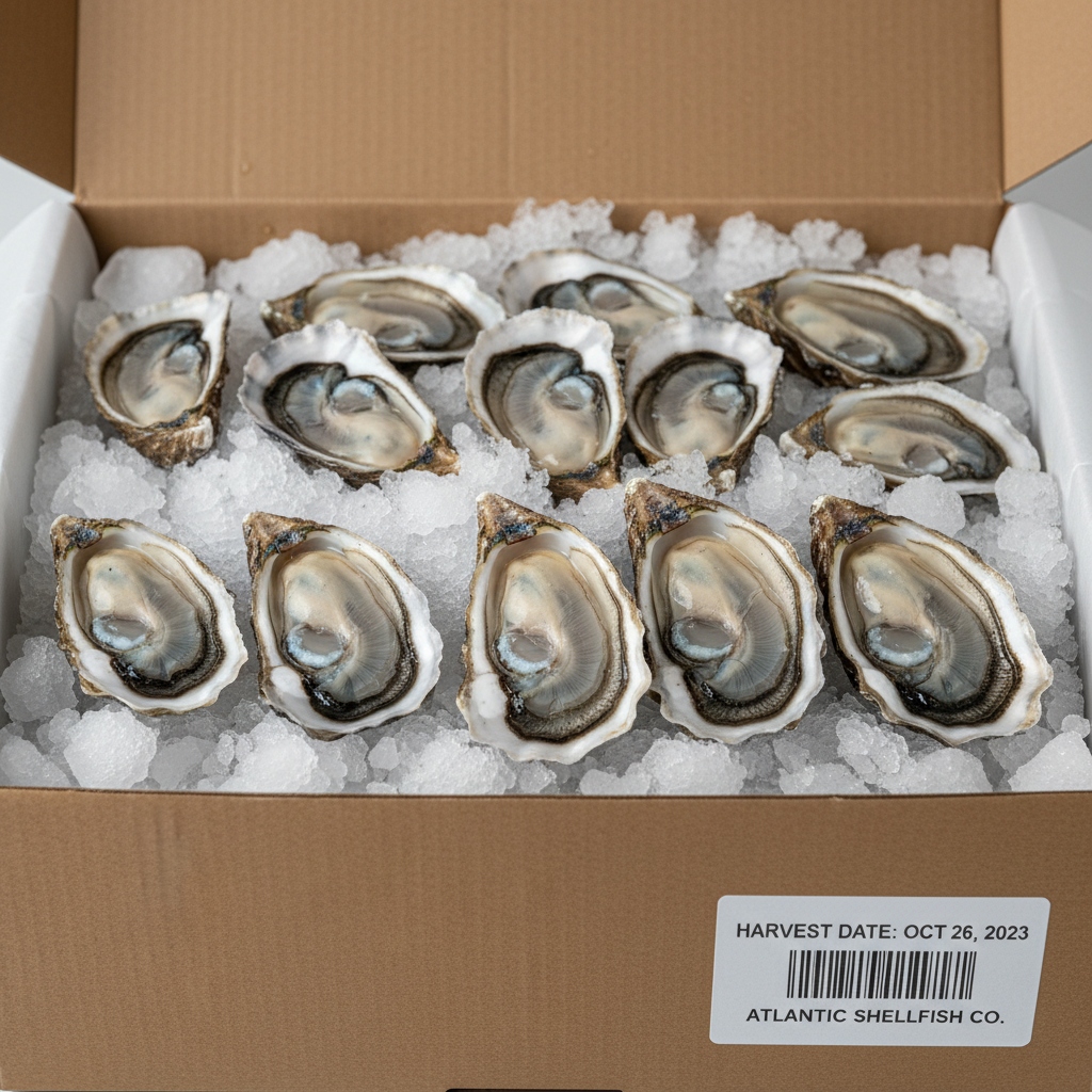 Oysters packed in crushed ice in a wax-lined shipping box with a harvest date label visible on the side