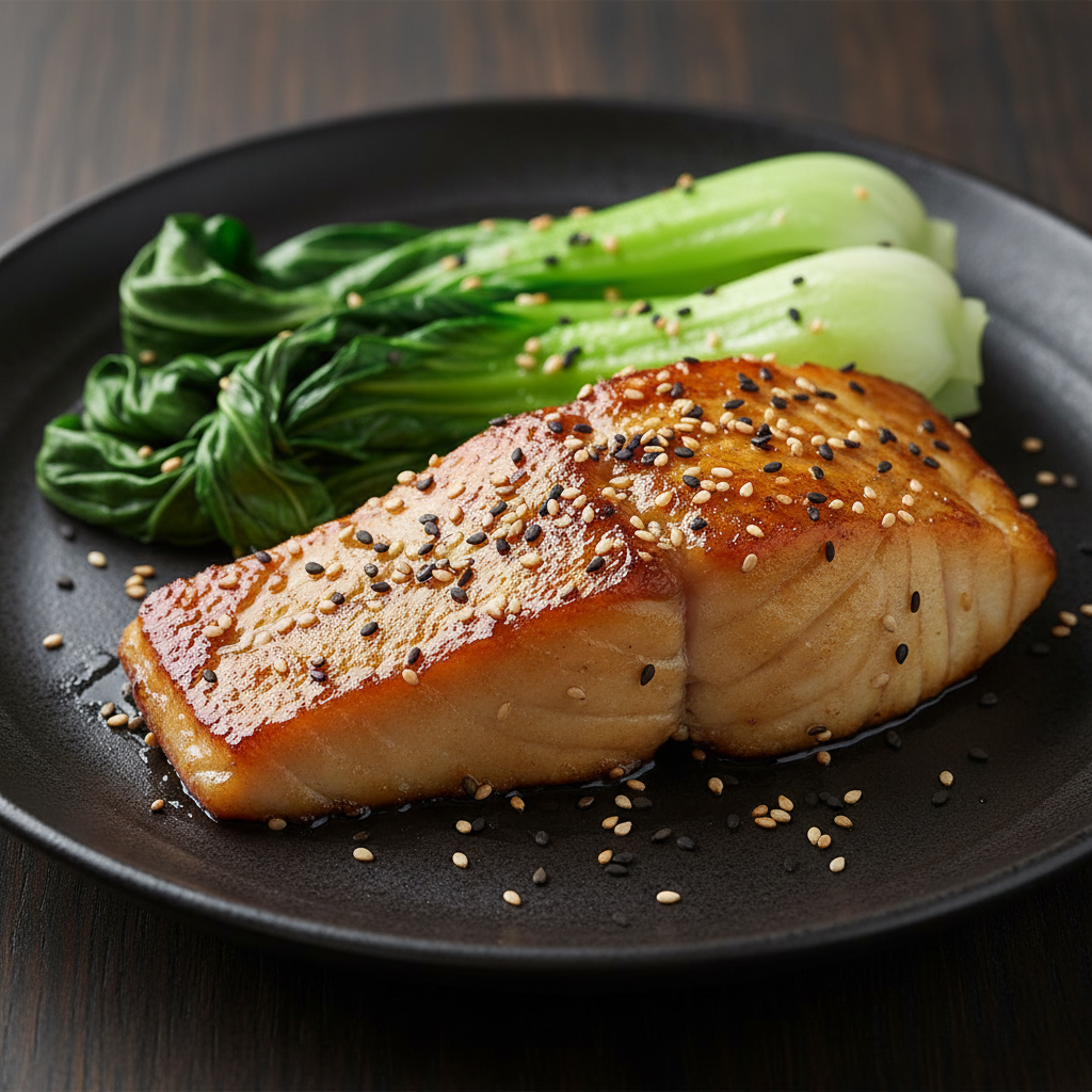 Miso glazed fish fillet in clear broth, bok choy, sesame, minimal Japanese-inspired plating, dark background