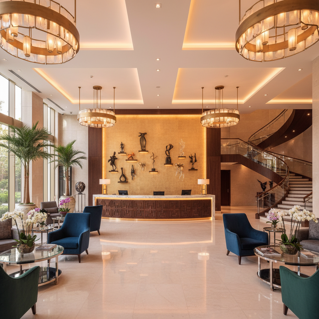Five-star hotel lobby with dramatic wood-clad ceiling, marble reception, and custom lighting installation in deep amber tones