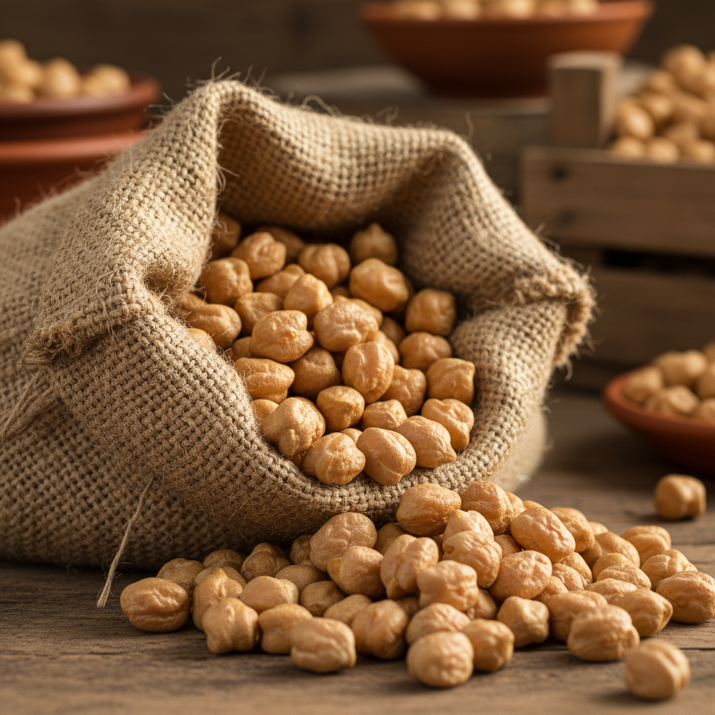 Dried chickpeas in burlap sack, beige round legumes ready for export