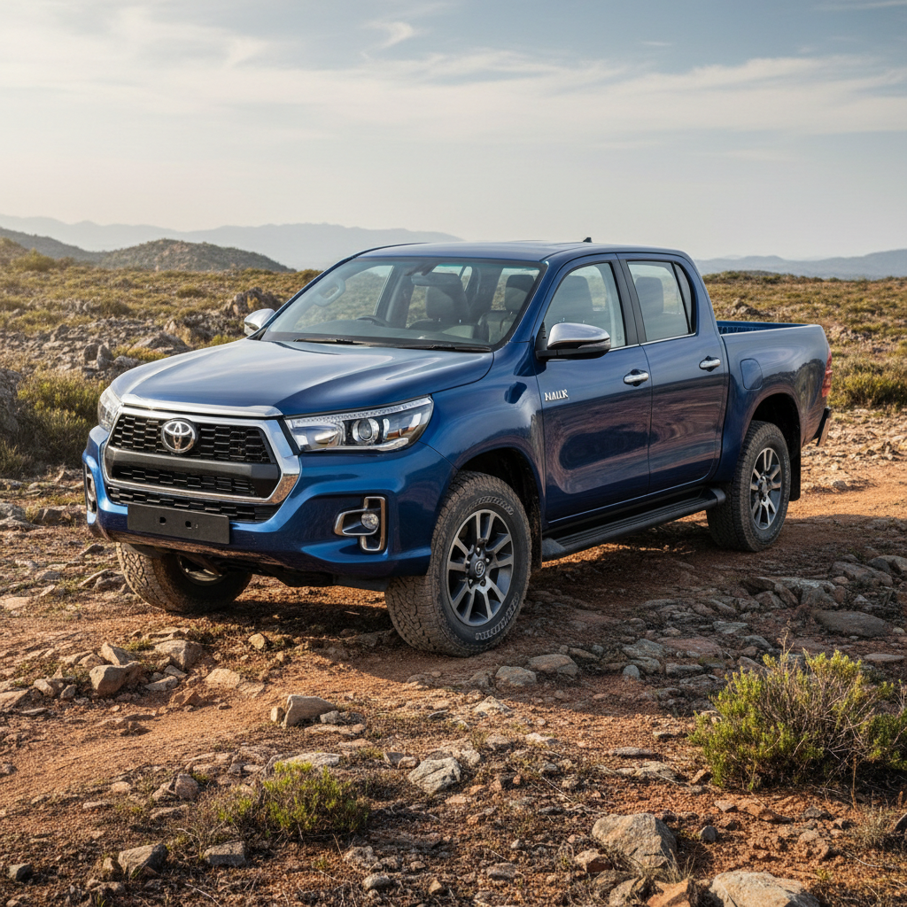 White Toyota Hilux double cab pickup truck on dirt road, blue sky, outdoor setting