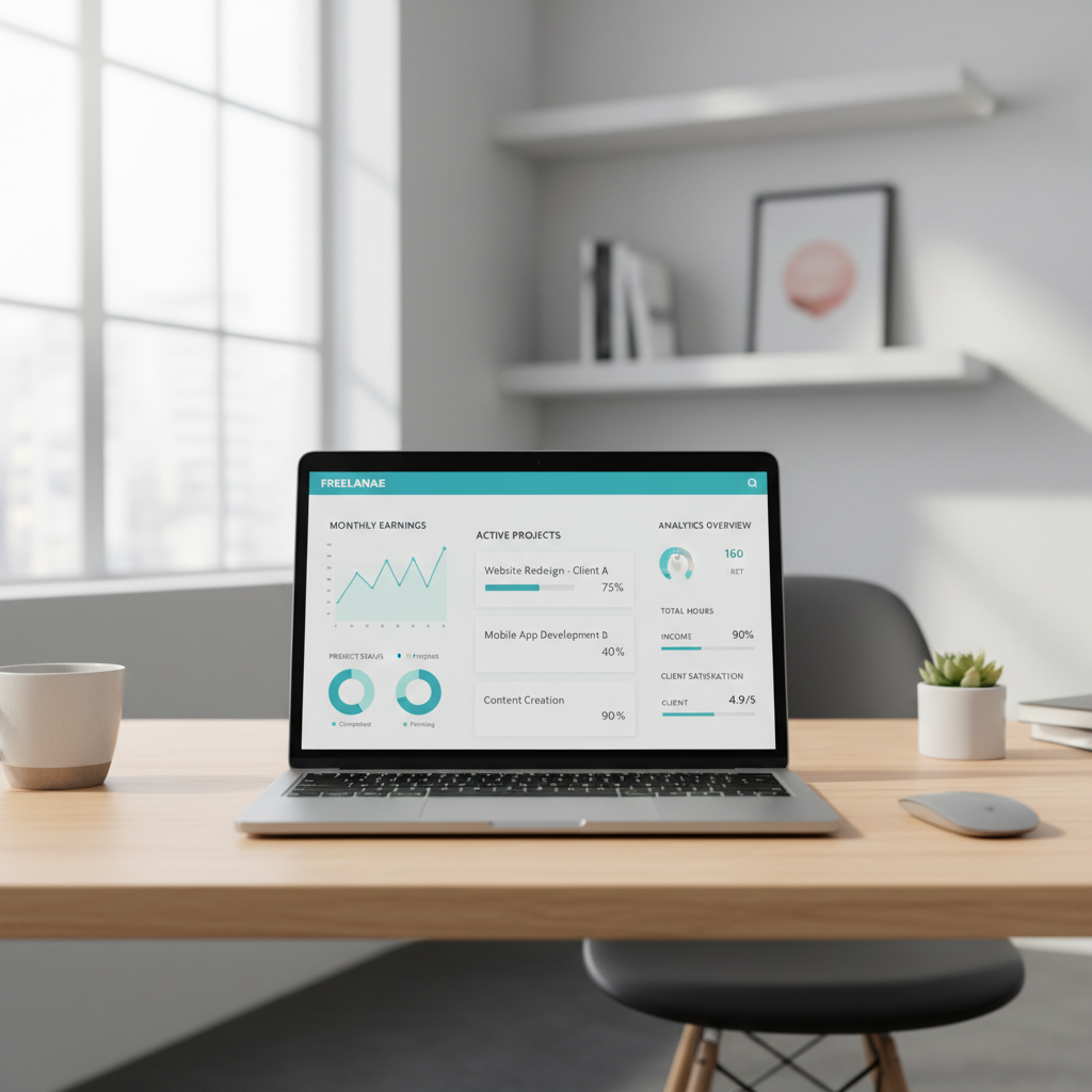Dark freelancer home office with violet productivity dashboard on screen