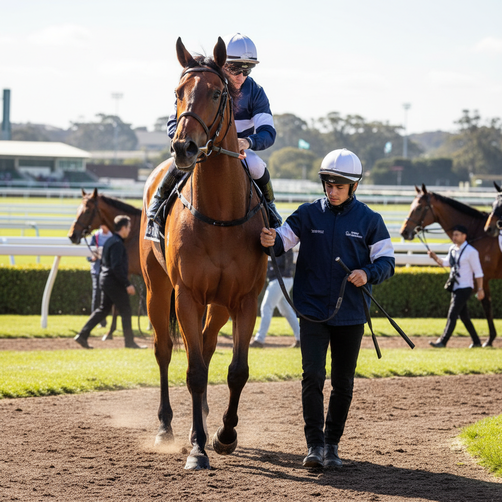 Salty Pearl in the mounting yard at Rosehill, jockey in navy and white silks preparing for race