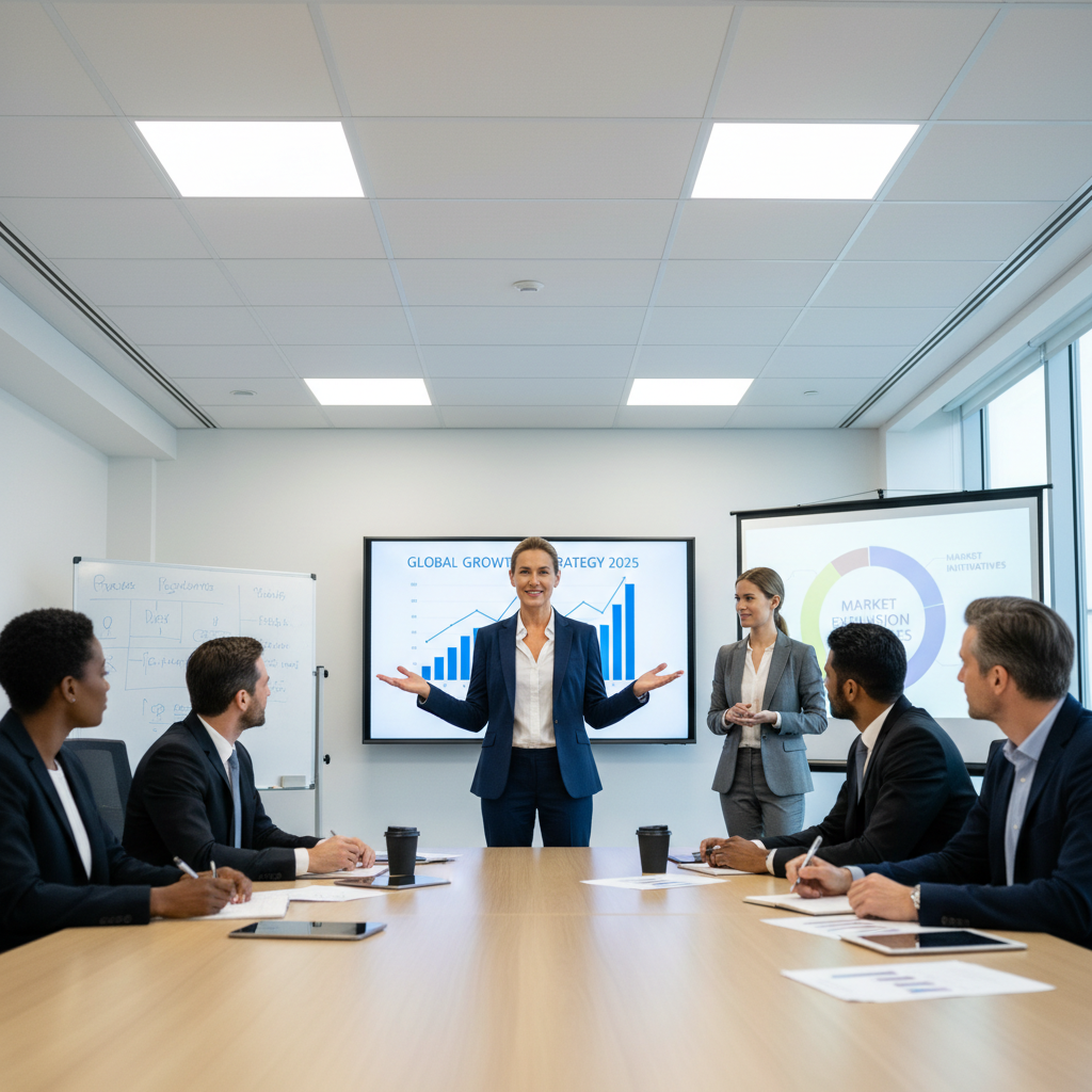 Diverse group of business leaders collaborating in modern conference room during strategic planning session