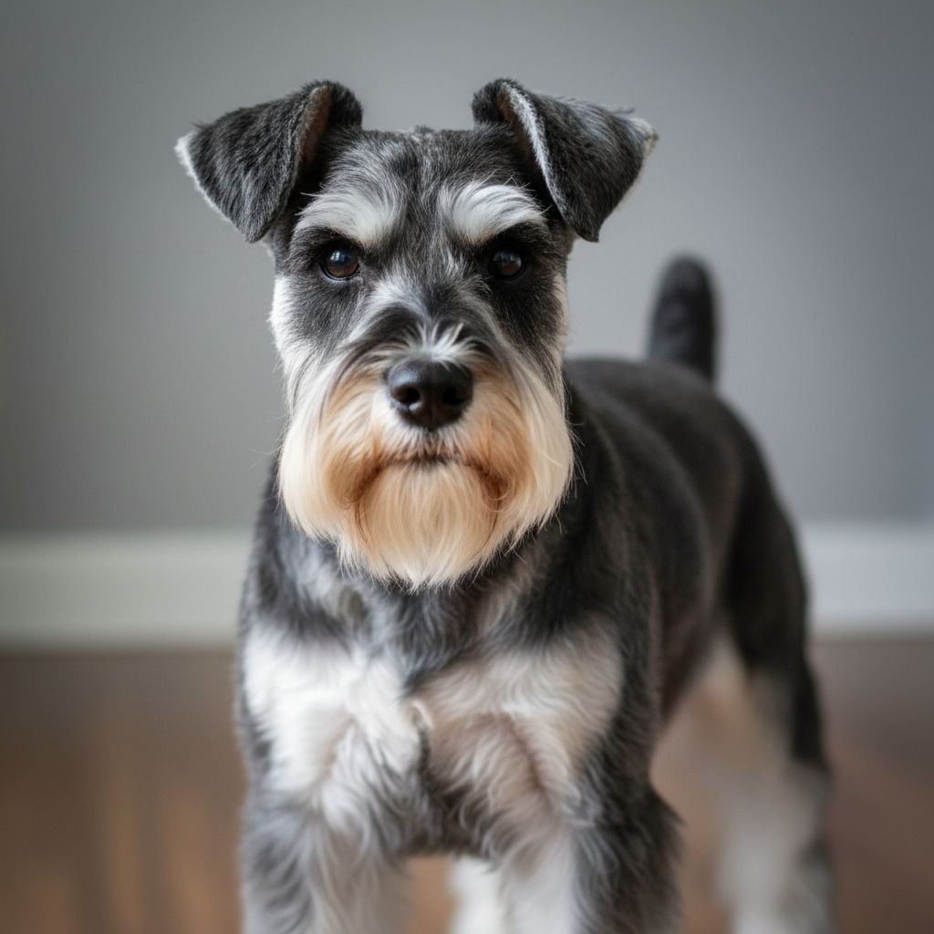 Salt and pepper Miniature Schnauzer with classic breed-standard continental trim