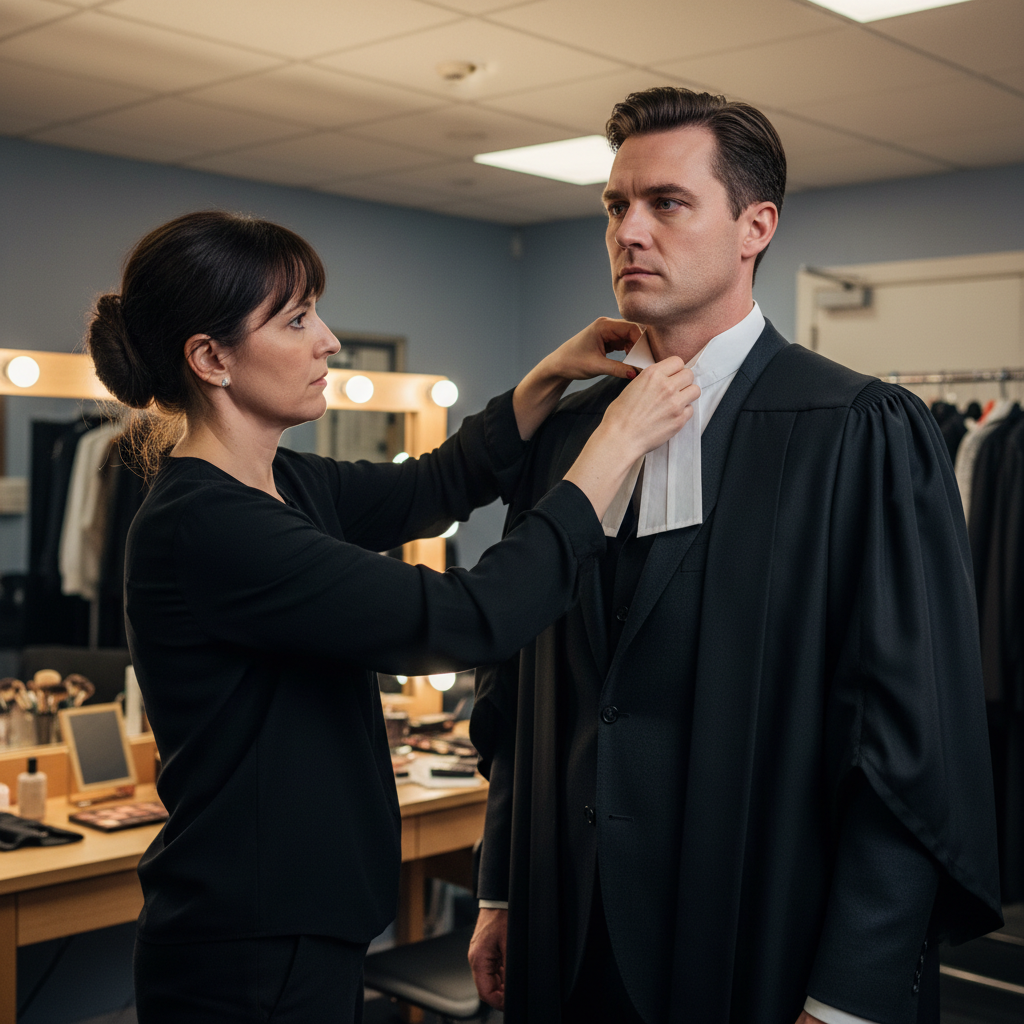 Fitting room photograph showing Eleanor Voss adjusting crown court collar on lead actor