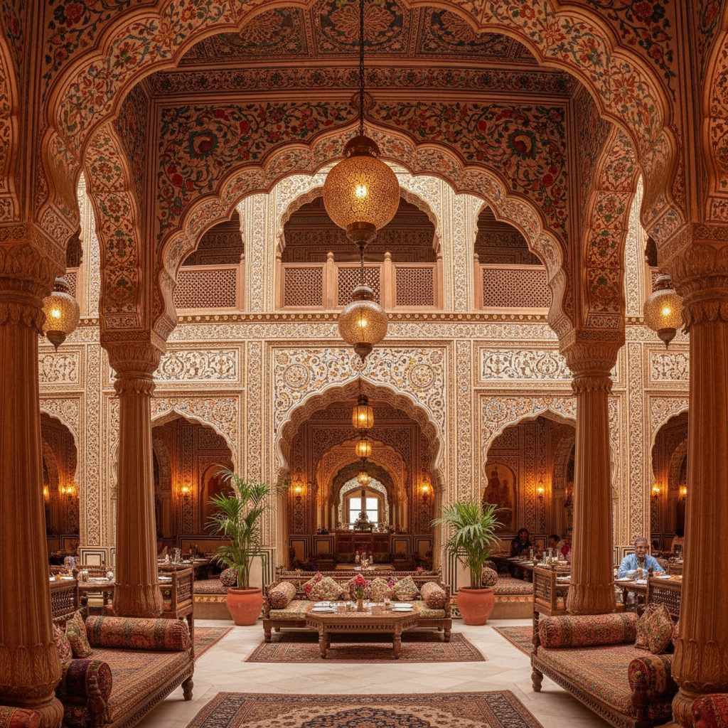 Elegant North Indian restaurant interior with clay oven and traditional decor, warm amber lighting