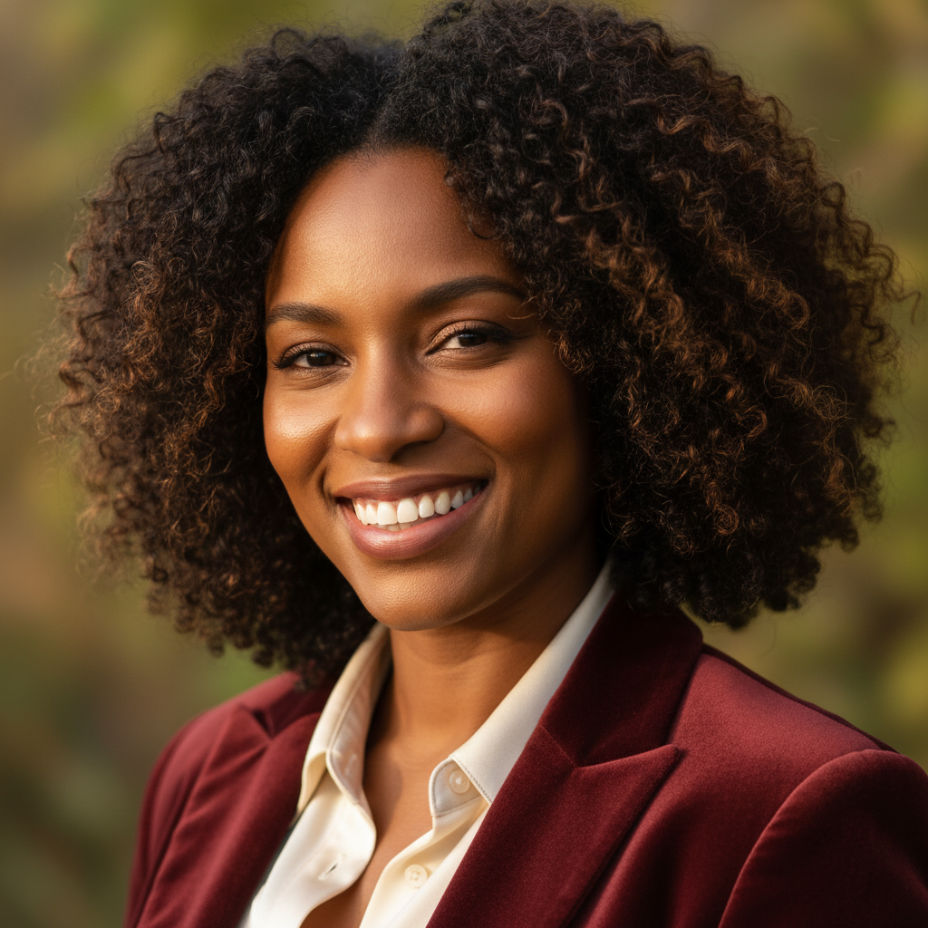 Professional photo of African American woman with natural curly hair in burgundy blouse smiling warmly