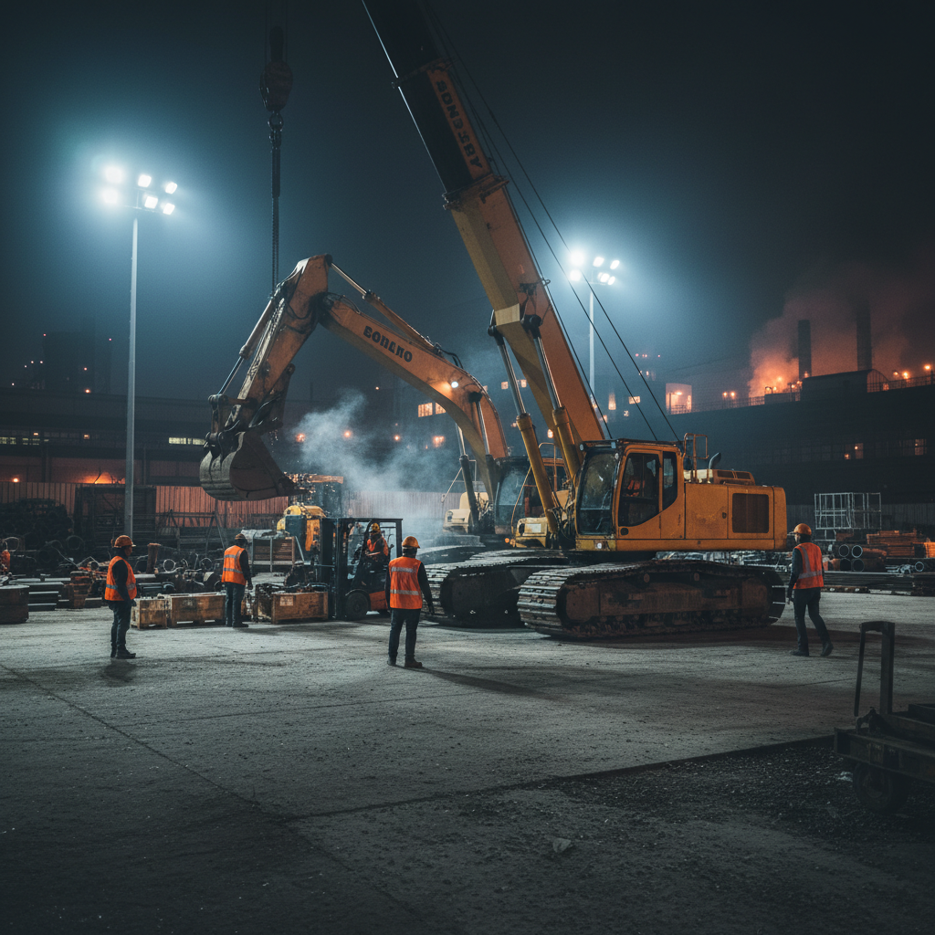 Construction crew mobilising equipment in industrial yard at night
