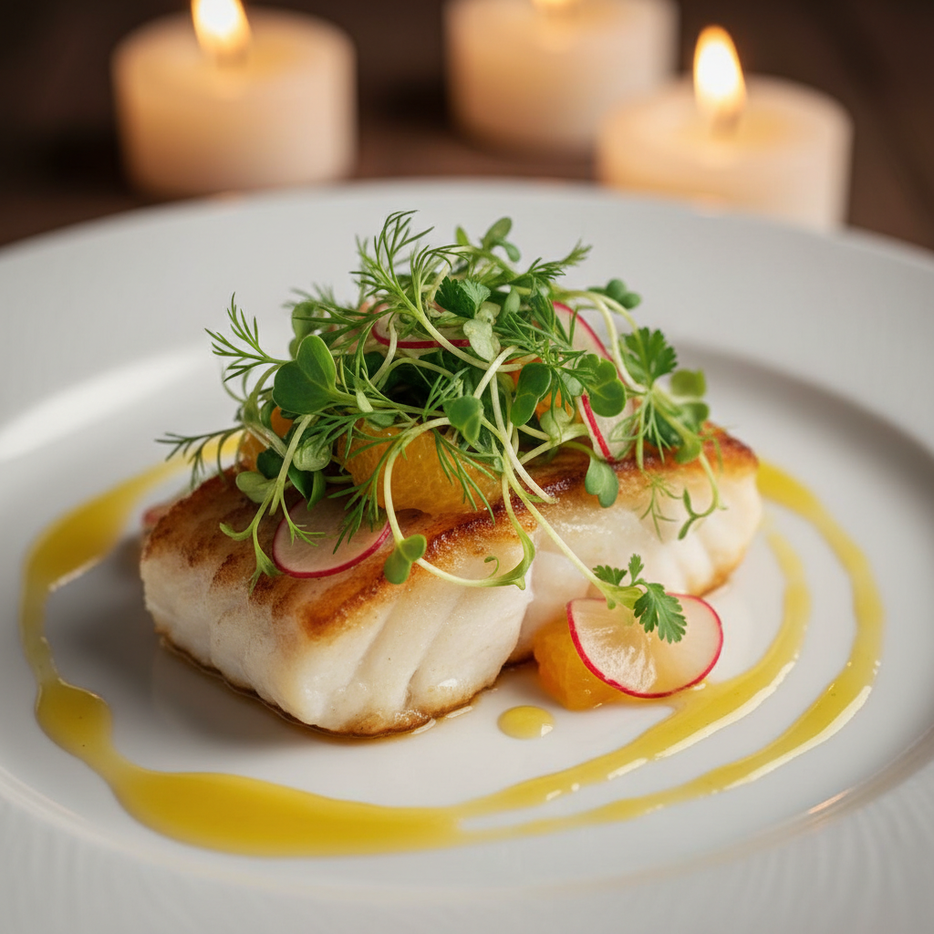 Elegantly plated tasting menu course on dark ceramic plate, fine dining presentation, warm candlelight, dark background, artful garnish
