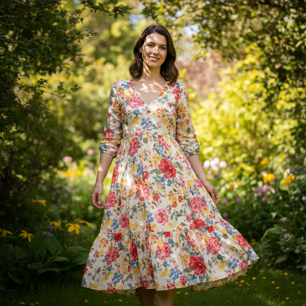 Woman in floral midi dress outdoors in bright sunlight, warm golden light, garden setting