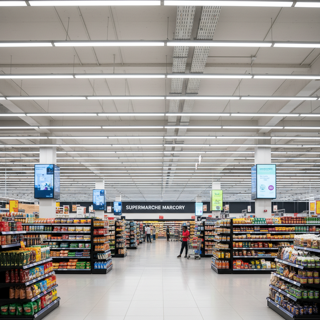 Supermarket store interior showing aisles with products