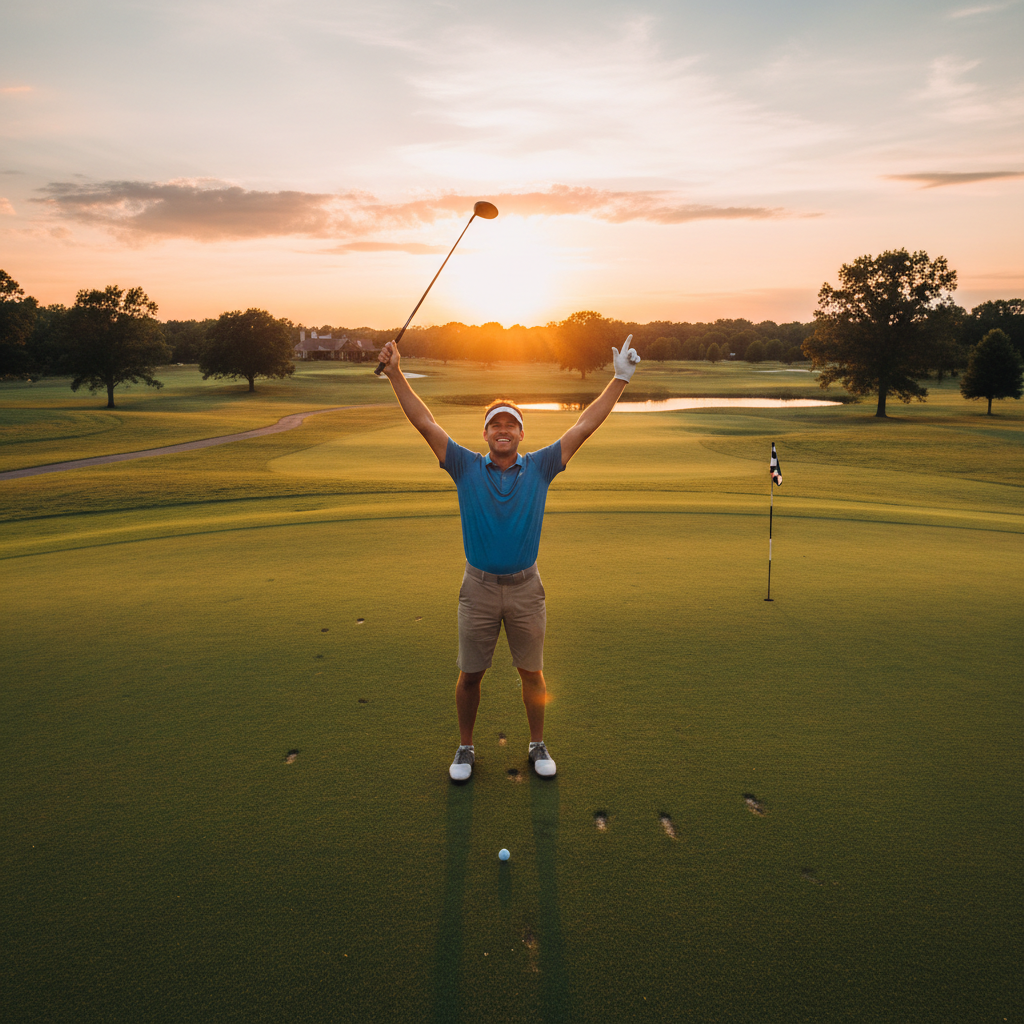 Golfer celebrating on course after a great shot at golden hour