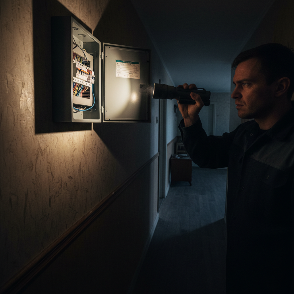 Dark residential hallway with no power, person holding flashlight in front of electrical panel