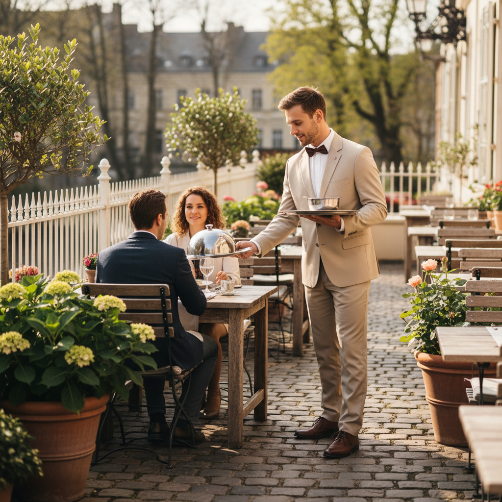 Waiter in light beige uniform serving at a spring terrace restaurant with outdoor seating