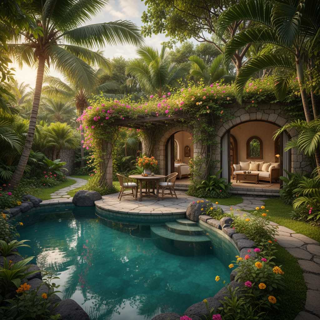 Luxury one-bedroom villa with private plunge pool, tropical garden, open-air living area, warm evening light