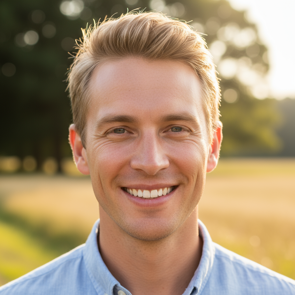 Professional photo of a man in casual shirt, natural outdoor light, confident relaxed expression