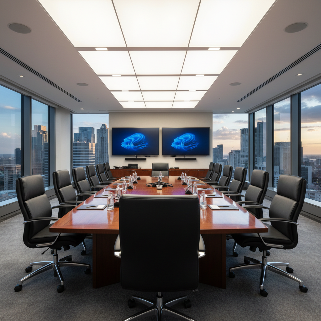 Executive boardroom with floor-to-ceiling windows, dark mahogany table, moody atmospheric lighting, deep shadows, cinematic financial environment