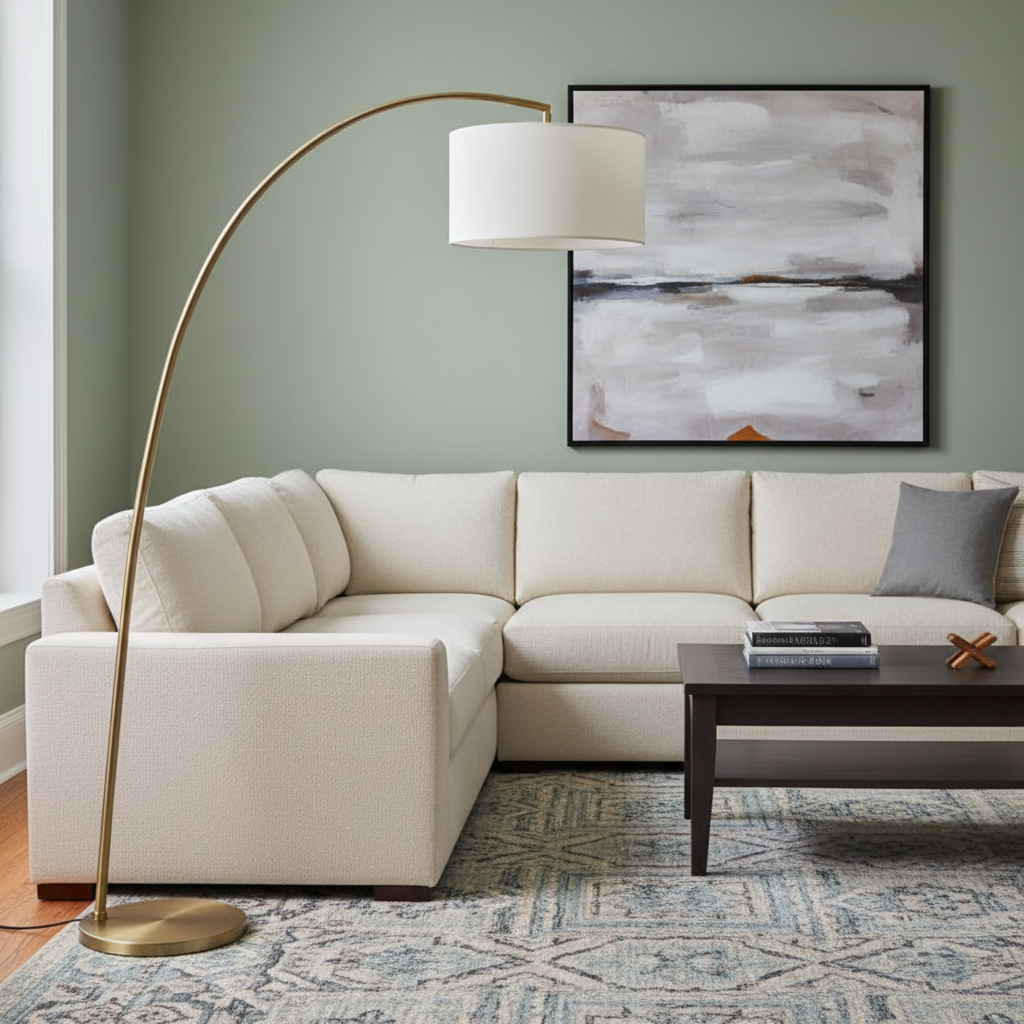 Tall arc floor lamp in aged brass with large cream dome shade against white wall