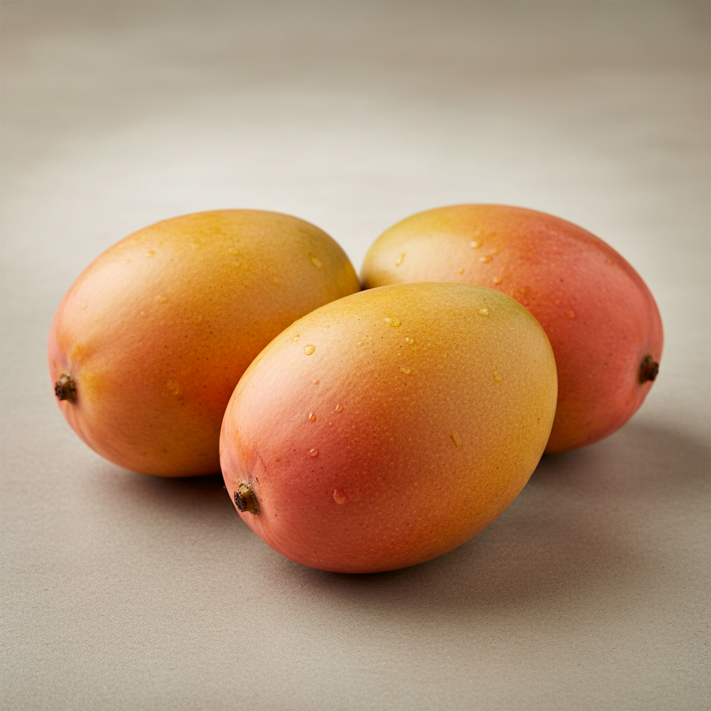 Golden yellow Alphonso mangoes with blush of orange-red, tropical and luscious looking