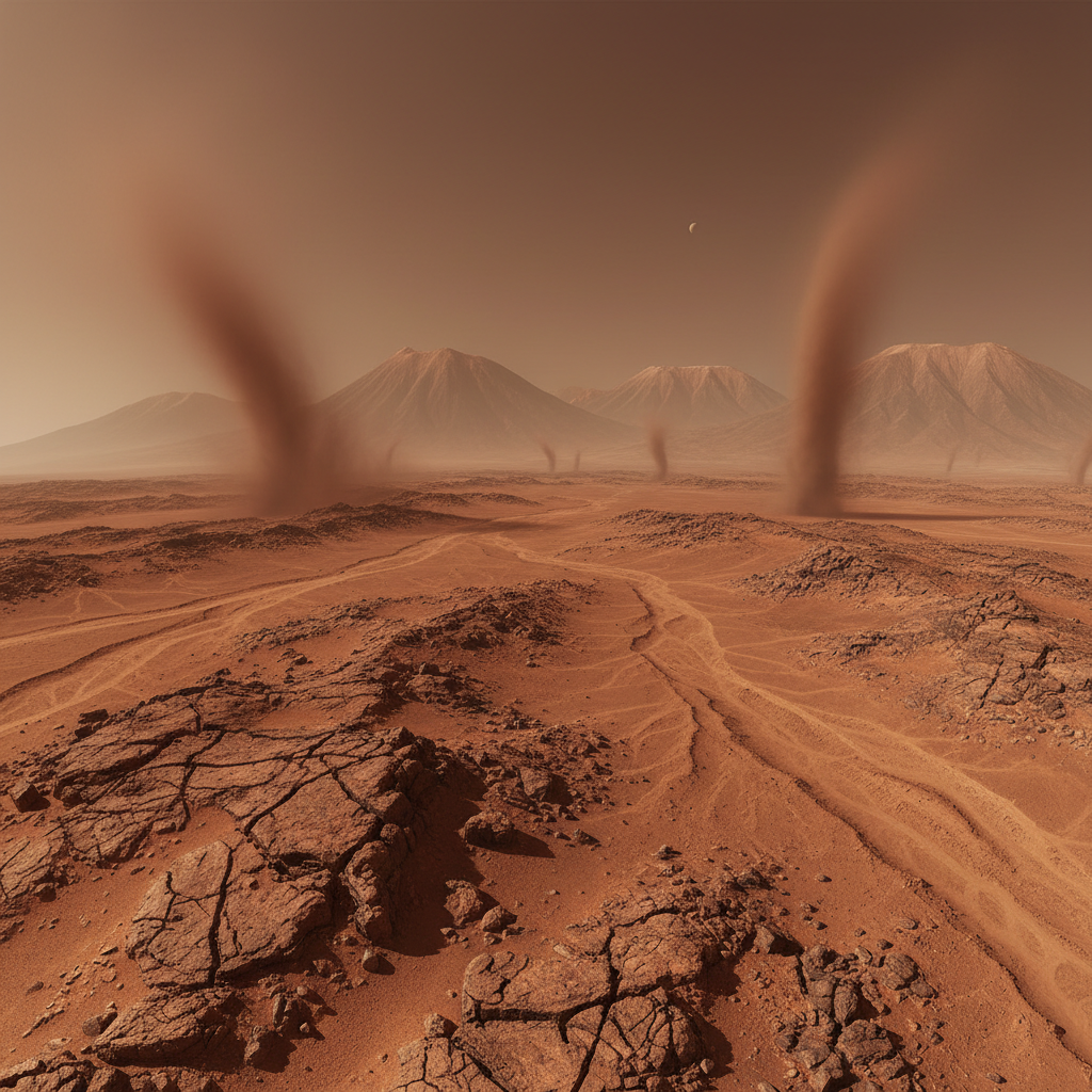 Mars red planet surface, rusty iron terrain, thin dusty atmosphere, dark sky