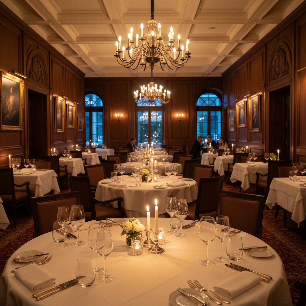 Sophisticated French restaurant in Lyon with dark walnut interior, warm amber candle lighting, elegant table settings, deep shadows