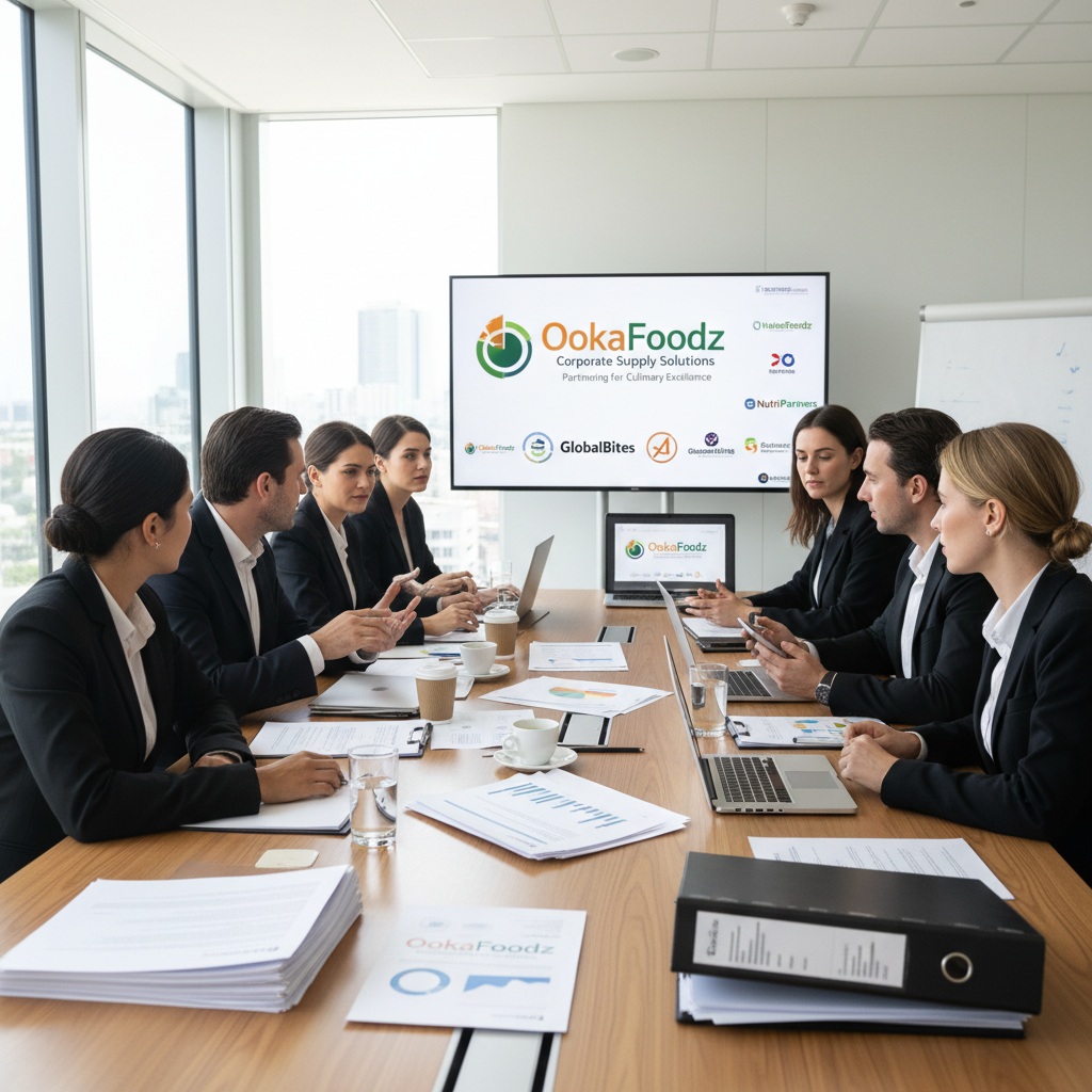 Business meeting room with dark walls, professionals in suits, low-key corporate lighting
